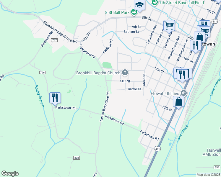 map of restaurants, bars, coffee shops, grocery stores, and more near 209 County Road 801 in Etowah