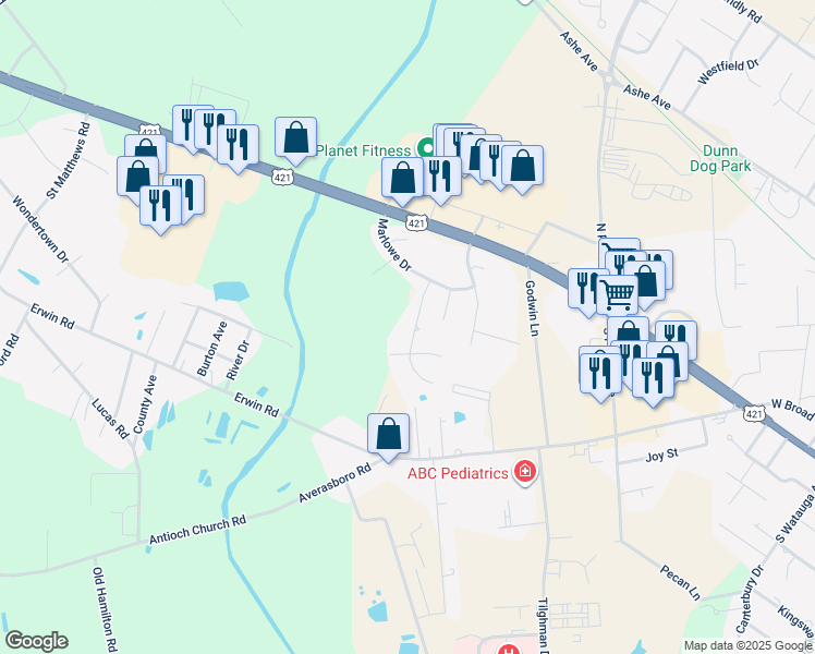 map of restaurants, bars, coffee shops, grocery stores, and more near 310 Coleridge Drive in Dunn