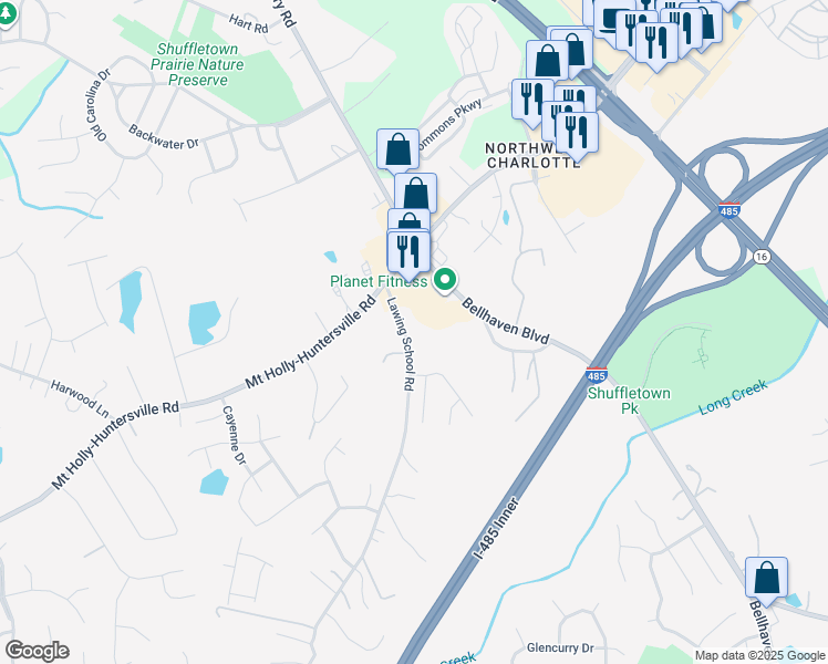 map of restaurants, bars, coffee shops, grocery stores, and more near 10004 Lawing School Road in Charlotte