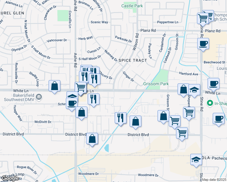 map of restaurants, bars, coffee shops, grocery stores, and more near White Lane & Wilson Road in Bakersfield