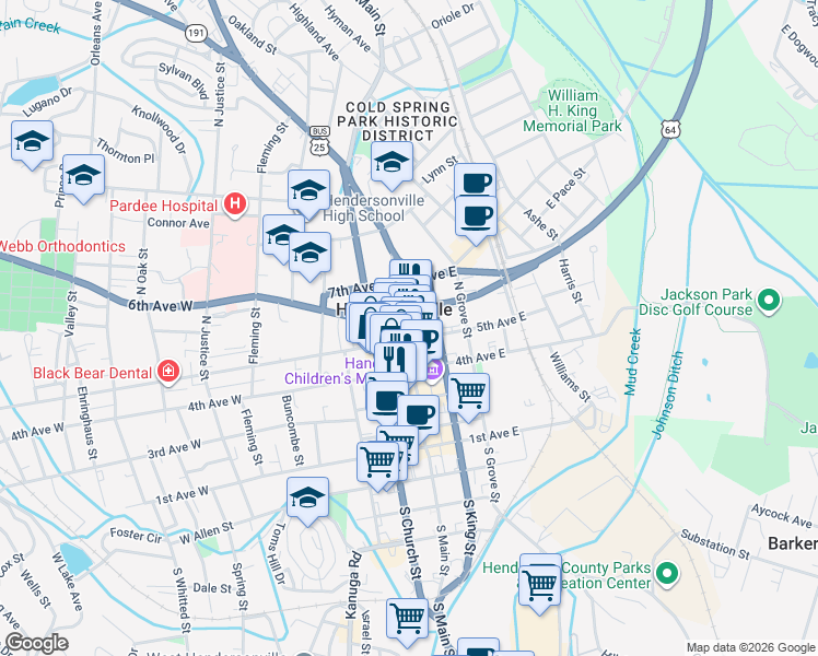 map of restaurants, bars, coffee shops, grocery stores, and more near 118 5th Avenue West in Hendersonville