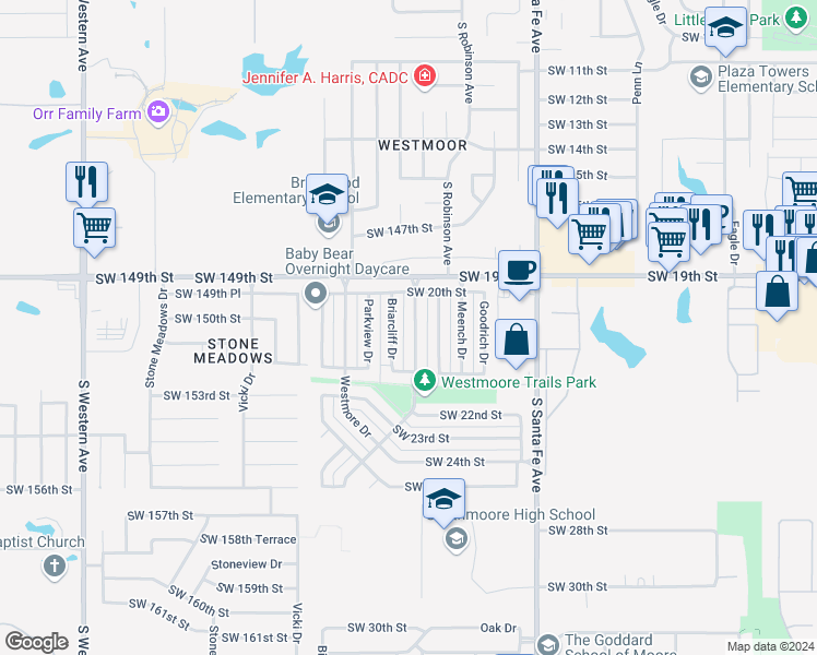 map of restaurants, bars, coffee shops, grocery stores, and more near 2119 Lonnie Lane in Oklahoma City