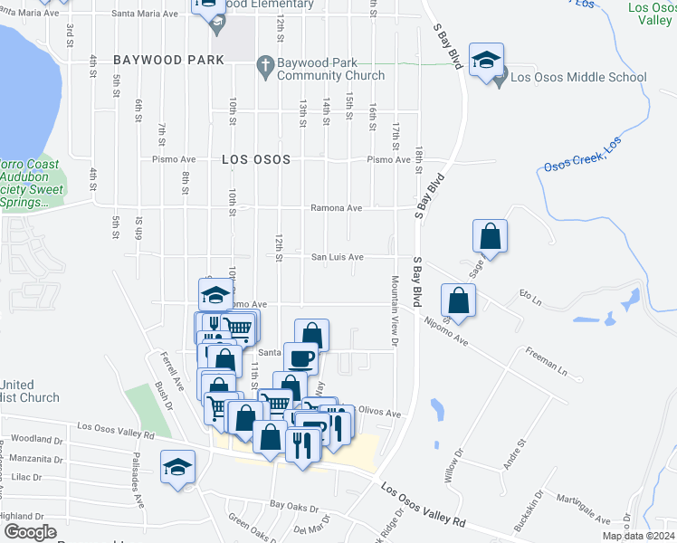 map of restaurants, bars, coffee shops, grocery stores, and more near 1295 San Luis Avenue in Baywood-Los Osos