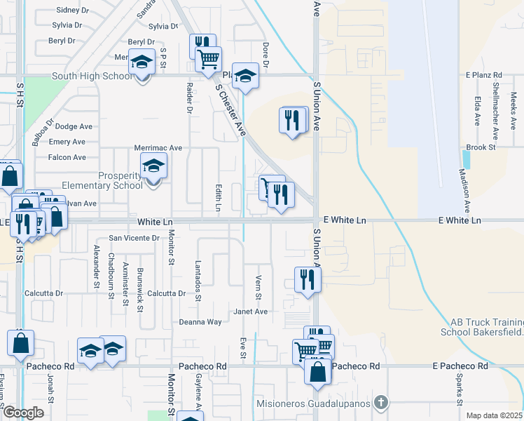 map of restaurants, bars, coffee shops, grocery stores, and more near 100 White Lane in Bakersfield