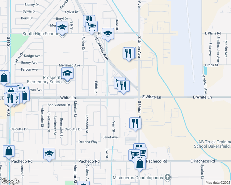 map of restaurants, bars, coffee shops, grocery stores, and more near 100 White Lane in Bakersfield