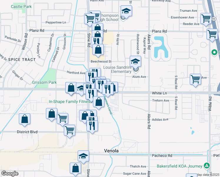 map of restaurants, bars, coffee shops, grocery stores, and more near 4621 White Lane in Bakersfield
