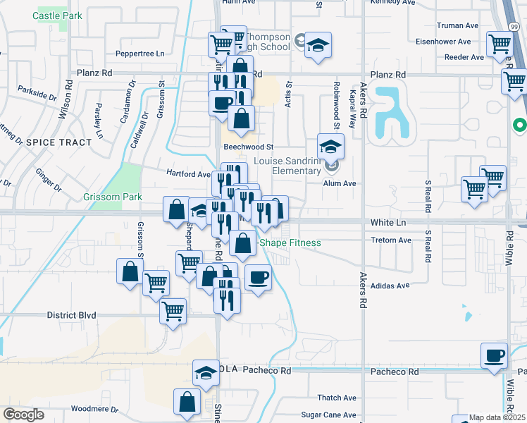 map of restaurants, bars, coffee shops, grocery stores, and more near 4621 White Lane in Bakersfield
