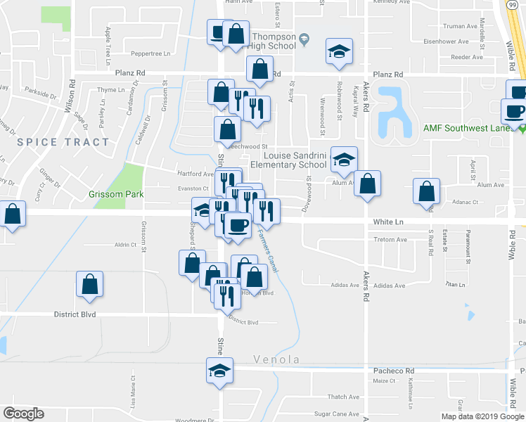 map of restaurants, bars, coffee shops, grocery stores, and more near 4621 White Lane in Bakersfield