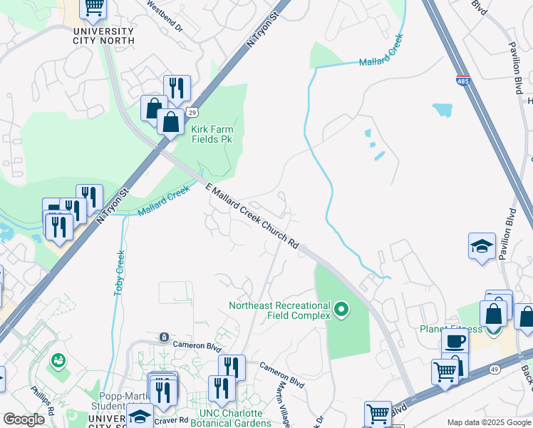 map of restaurants, bars, coffee shops, grocery stores, and more near 655 East Mallard Creek Church Road in Charlotte