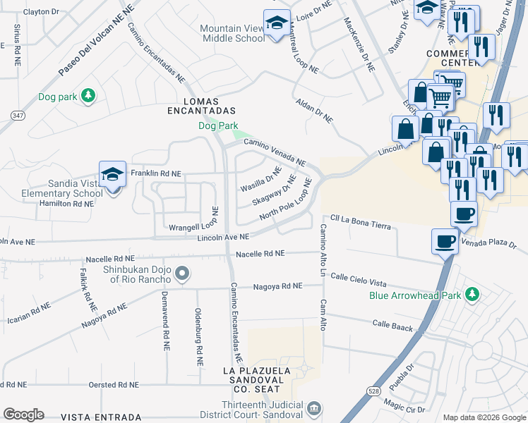 map of restaurants, bars, coffee shops, grocery stores, and more near 3504 North Pole Loop Northeast in Rio Rancho