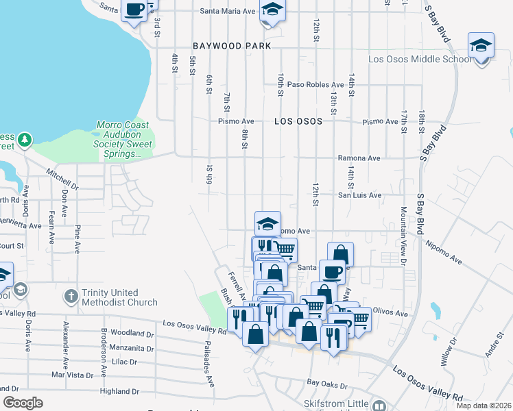map of restaurants, bars, coffee shops, grocery stores, and more near 1813 9th Street in Baywood-Los Osos