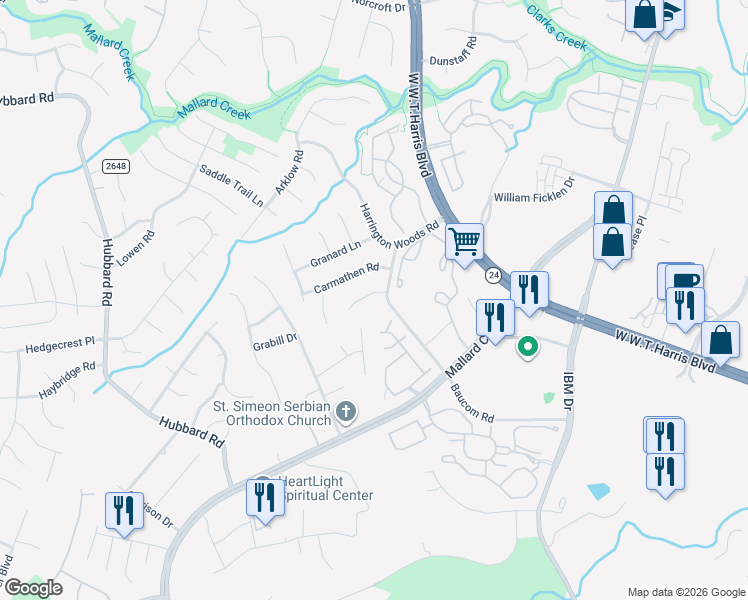 map of restaurants, bars, coffee shops, grocery stores, and more near 2417 Brathay Court in Charlotte