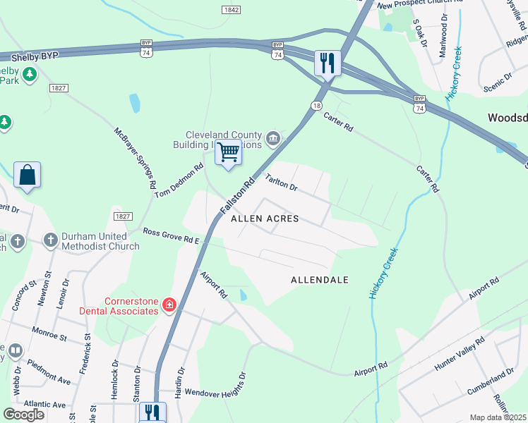 map of restaurants, bars, coffee shops, grocery stores, and more near 1308 Fallston Road in Shelby