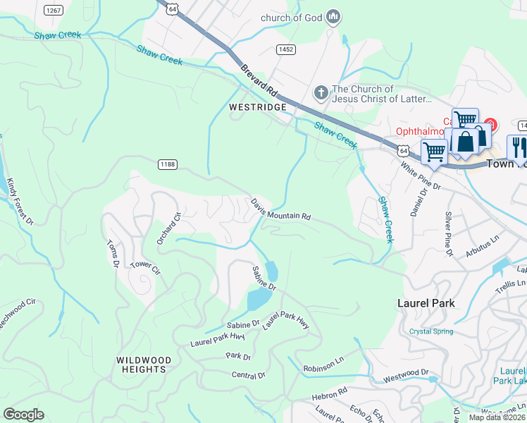 map of restaurants, bars, coffee shops, grocery stores, and more near 500 Davis Mountain Road in Laurel Park