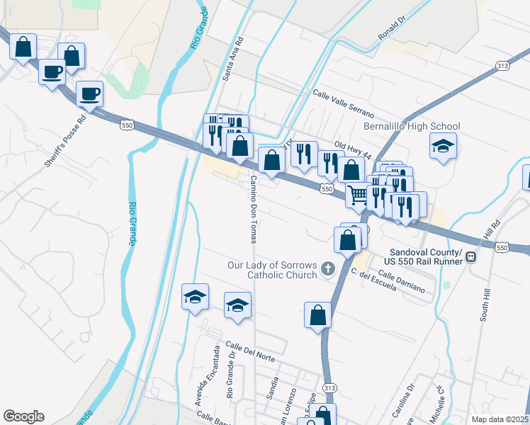 map of restaurants, bars, coffee shops, grocery stores, and more near 266 Lucas Lane in Bernalillo