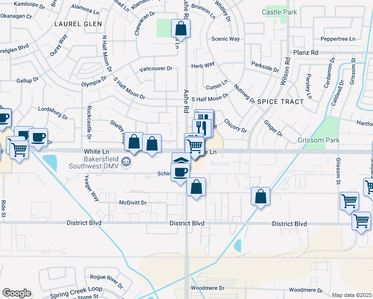 map of restaurants, bars, coffee shops, grocery stores, and more near White Ln & Ashe Rd in Bakersfield