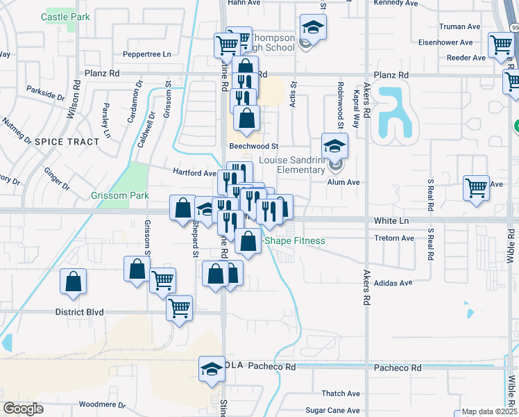 map of restaurants, bars, coffee shops, grocery stores, and more near 4428 White Lane in Bakersfield