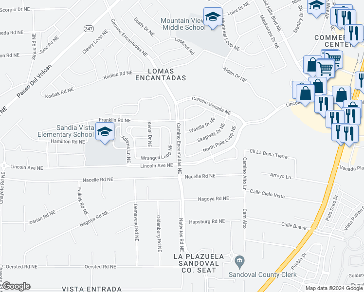 map of restaurants, bars, coffee shops, grocery stores, and more near 3625 North Pole Loop Northeast in Rio Rancho