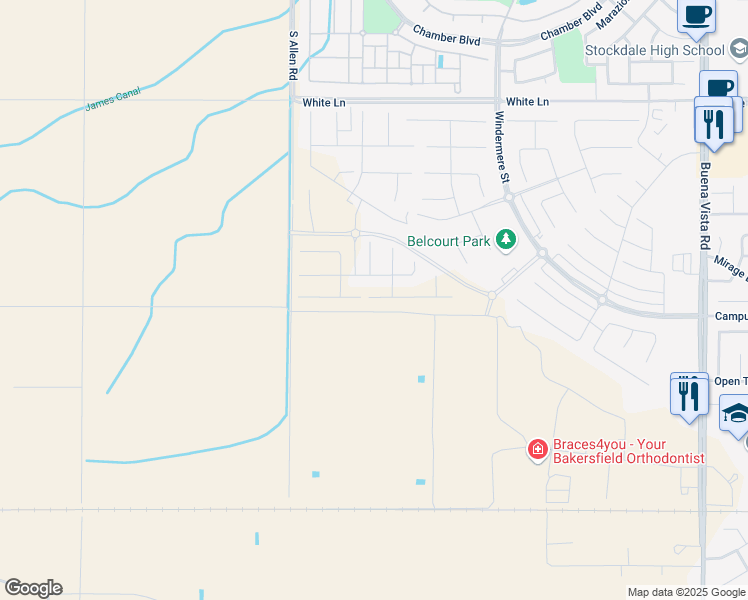 map of restaurants, bars, coffee shops, grocery stores, and more near Unnamed Road in Bakersfield