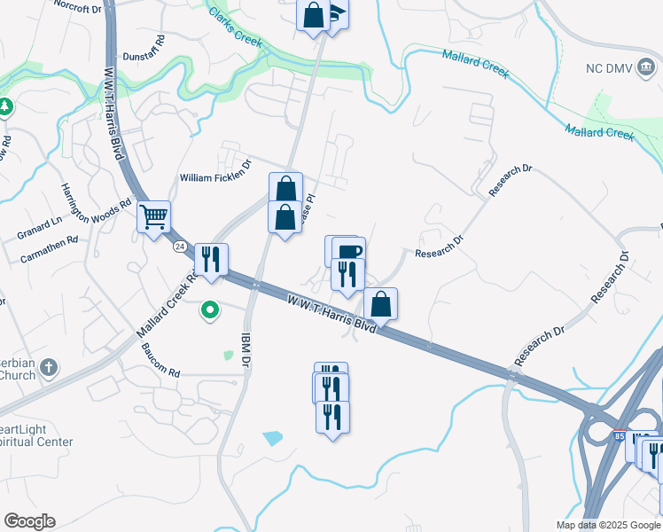 map of restaurants, bars, coffee shops, grocery stores, and more near 1625 Flat River Drive in Charlotte