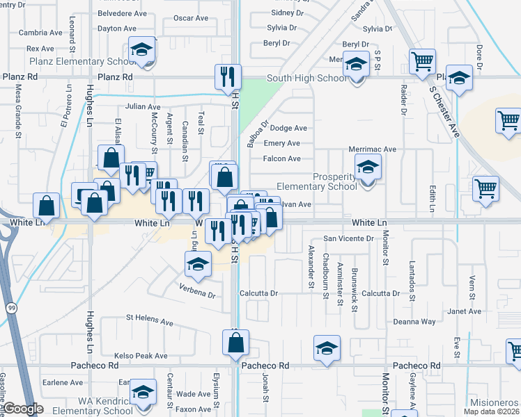 map of restaurants, bars, coffee shops, grocery stores, and more near 1501 Hub Avenue in Bakersfield