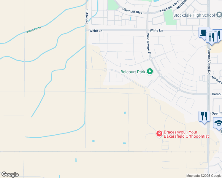 map of restaurants, bars, coffee shops, grocery stores, and more near Unnamed Road in Bakersfield