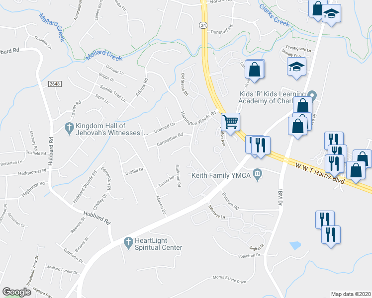 map of restaurants, bars, coffee shops, grocery stores, and more near 2437 Carmathen Road in Charlotte