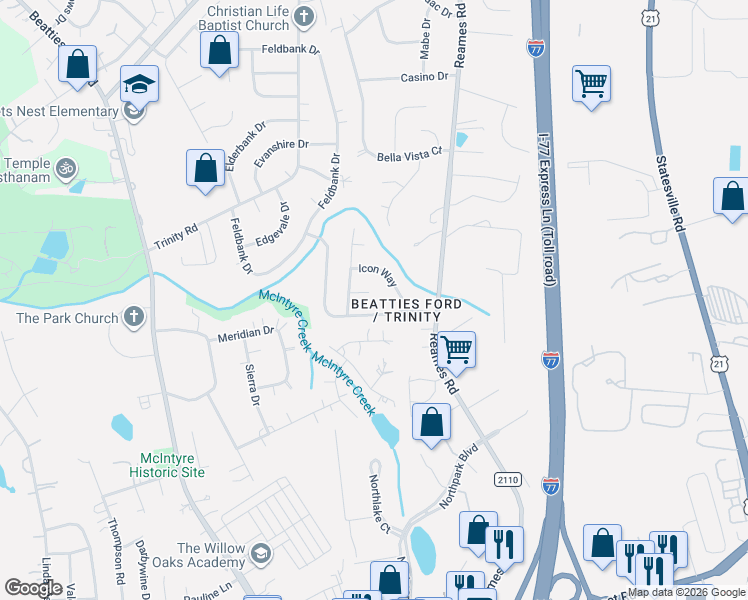 map of restaurants, bars, coffee shops, grocery stores, and more near 7437 Icon Way in Charlotte