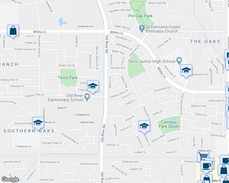map of restaurants, bars, coffee shops, grocery stores, and more near 9609 Salinger Street in Bakersfield