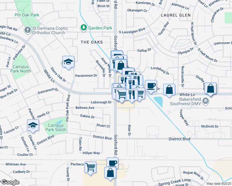 map of restaurants, bars, coffee shops, grocery stores, and more near White Lane & Gosford Road in Bakersfield
