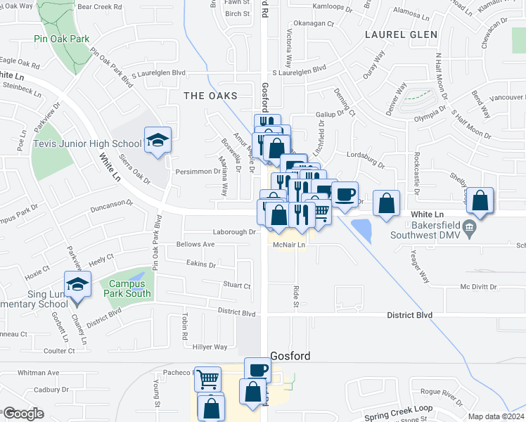 map of restaurants, bars, coffee shops, grocery stores, and more near White Ln & Gosford Rd in Bakersfield