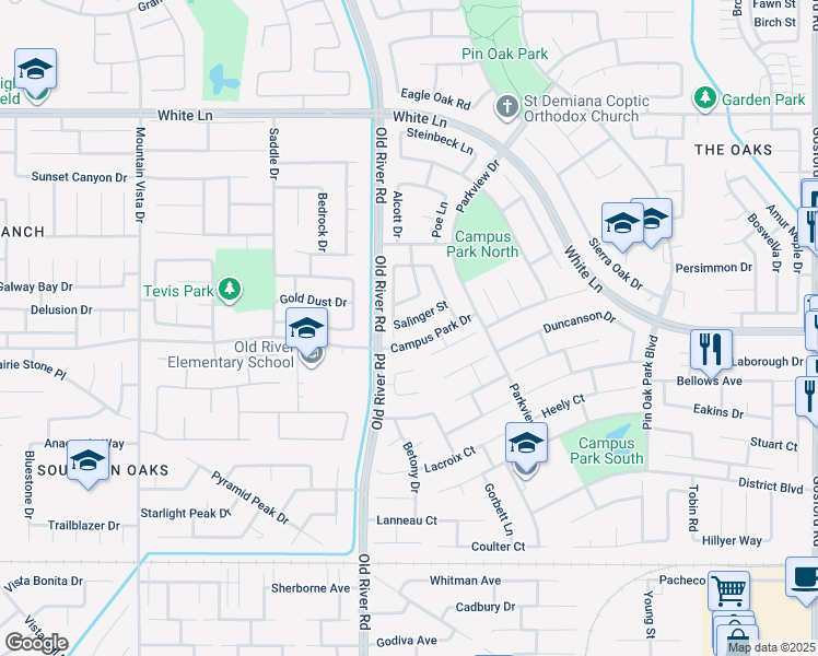 map of restaurants, bars, coffee shops, grocery stores, and more near 9609 Salinger Street in Bakersfield
