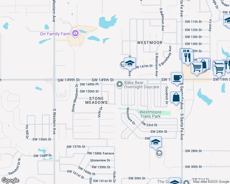 map of restaurants, bars, coffee shops, grocery stores, and more near 15051 Rick Road in Oklahoma City