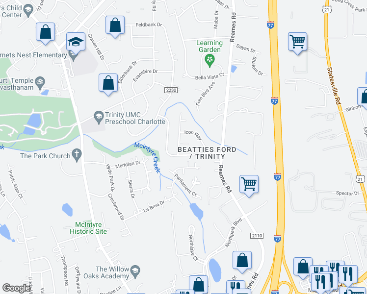 map of restaurants, bars, coffee shops, grocery stores, and more near 5908 Redding Road in Charlotte