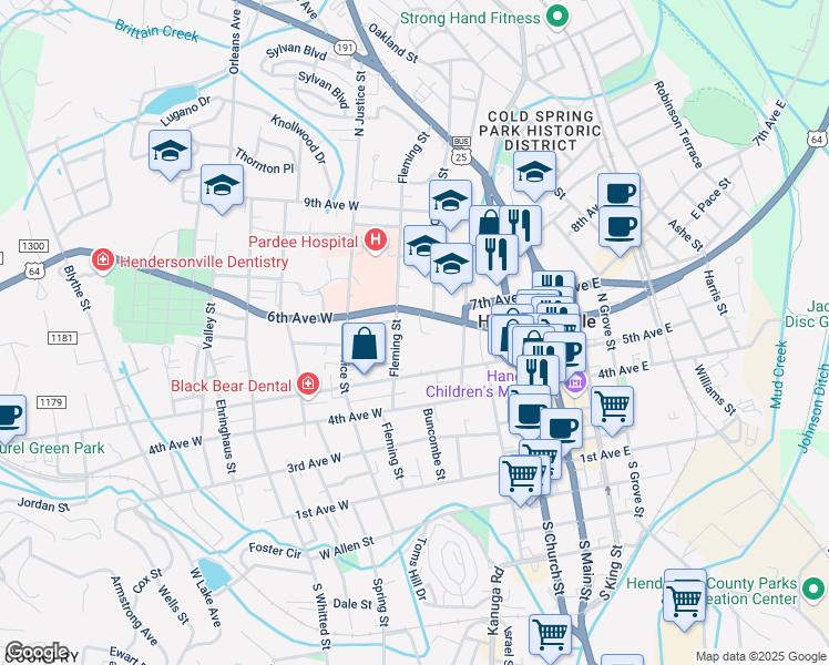 map of restaurants, bars, coffee shops, grocery stores, and more near 416 6th Avenue West in Hendersonville