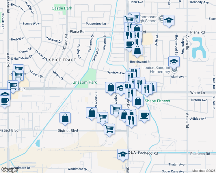 map of restaurants, bars, coffee shops, grocery stores, and more near 5021 Evanston Court in Bakersfield