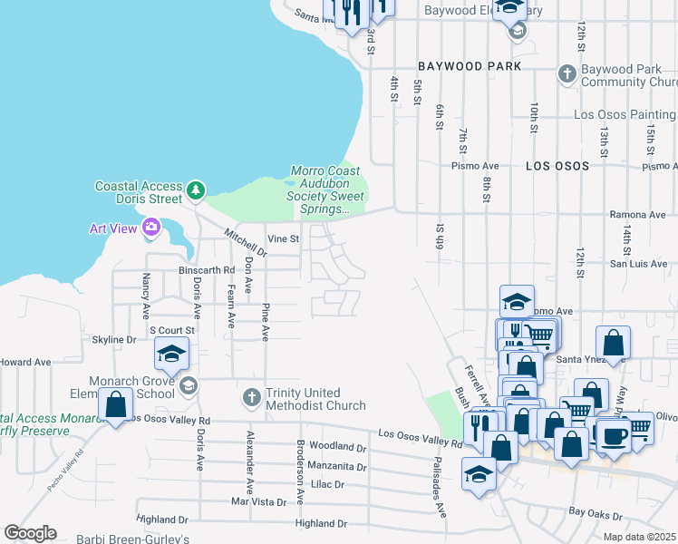 map of restaurants, bars, coffee shops, grocery stores, and more near 633 Ramona Avenue in Baywood-Los Osos