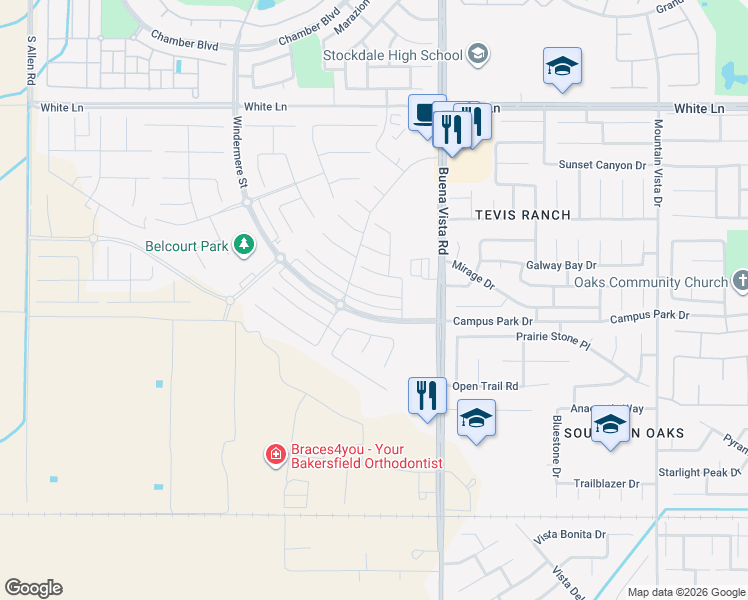 map of restaurants, bars, coffee shops, grocery stores, and more near 11620 Hollybrook Lane in Bakersfield