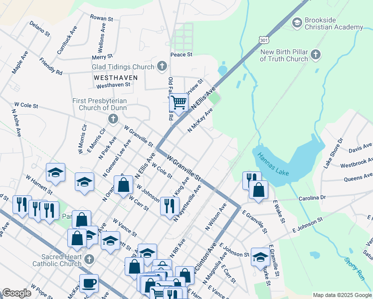 map of restaurants, bars, coffee shops, grocery stores, and more near 406 West Barrington Street in Dunn