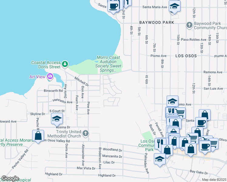 map of restaurants, bars, coffee shops, grocery stores, and more near 633 Ramona Avenue in Baywood-Los Osos
