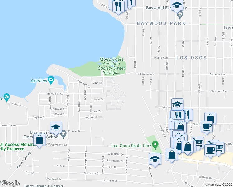 map of restaurants, bars, coffee shops, grocery stores, and more near in Baywood-Los Osos