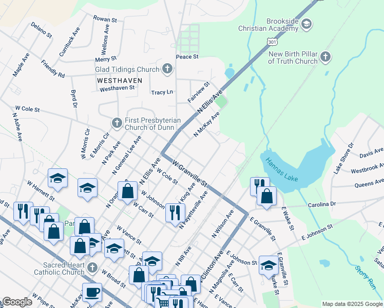 map of restaurants, bars, coffee shops, grocery stores, and more near 406 West Barrington Street in Dunn