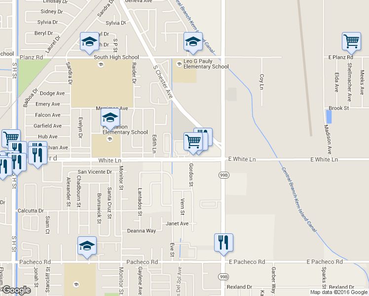 map of restaurants, bars, coffee shops, grocery stores, and more near 400 White Lane in Bakersfield