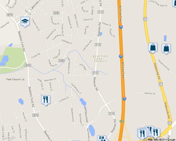 map of restaurants, bars, coffee shops, grocery stores, and more near 7338 Icon Way in Charlotte
