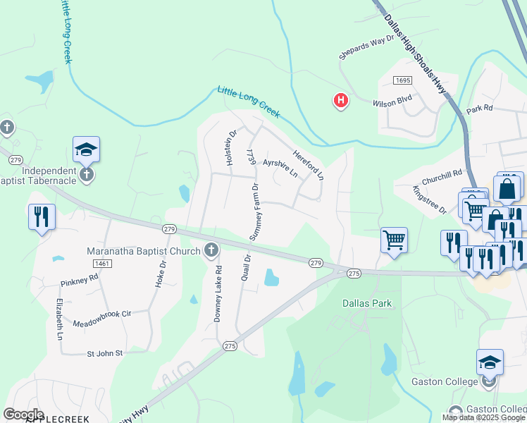 map of restaurants, bars, coffee shops, grocery stores, and more near 629 Summey Farm Drive in Dallas