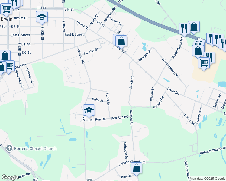 map of restaurants, bars, coffee shops, grocery stores, and more near 937 Butler Drive in Erwin
