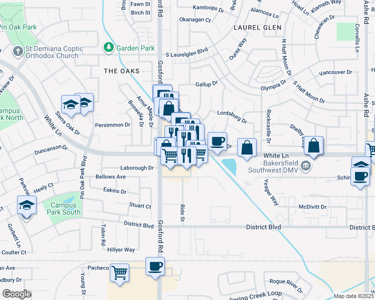 map of restaurants, bars, coffee shops, grocery stores, and more near 7854 White Lane in Bakersfield