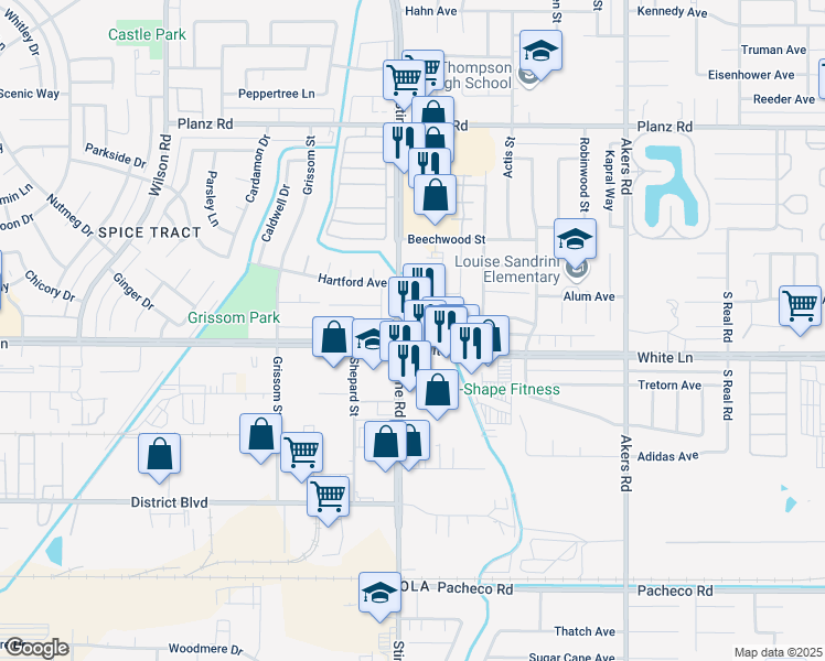 map of restaurants, bars, coffee shops, grocery stores, and more near 4800 White Lane in Bakersfield