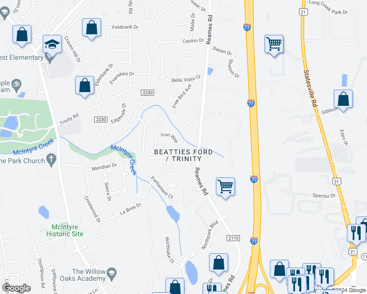 map of restaurants, bars, coffee shops, grocery stores, and more near 7314 Icon Way in Charlotte