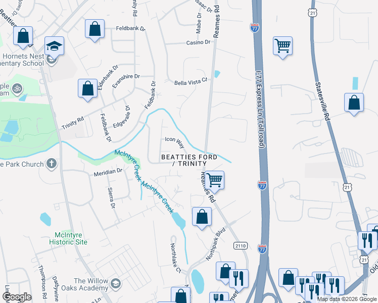 map of restaurants, bars, coffee shops, grocery stores, and more near 7338 Icon Way in Charlotte